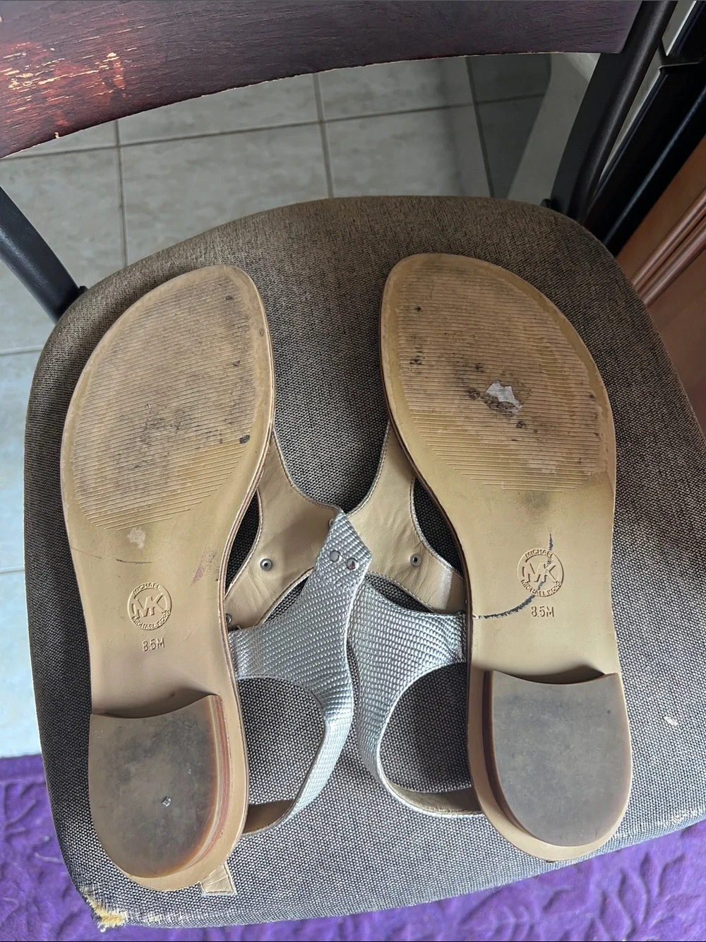 Michael Kors Silver Metallic Thong Sandals with Brown Footbed